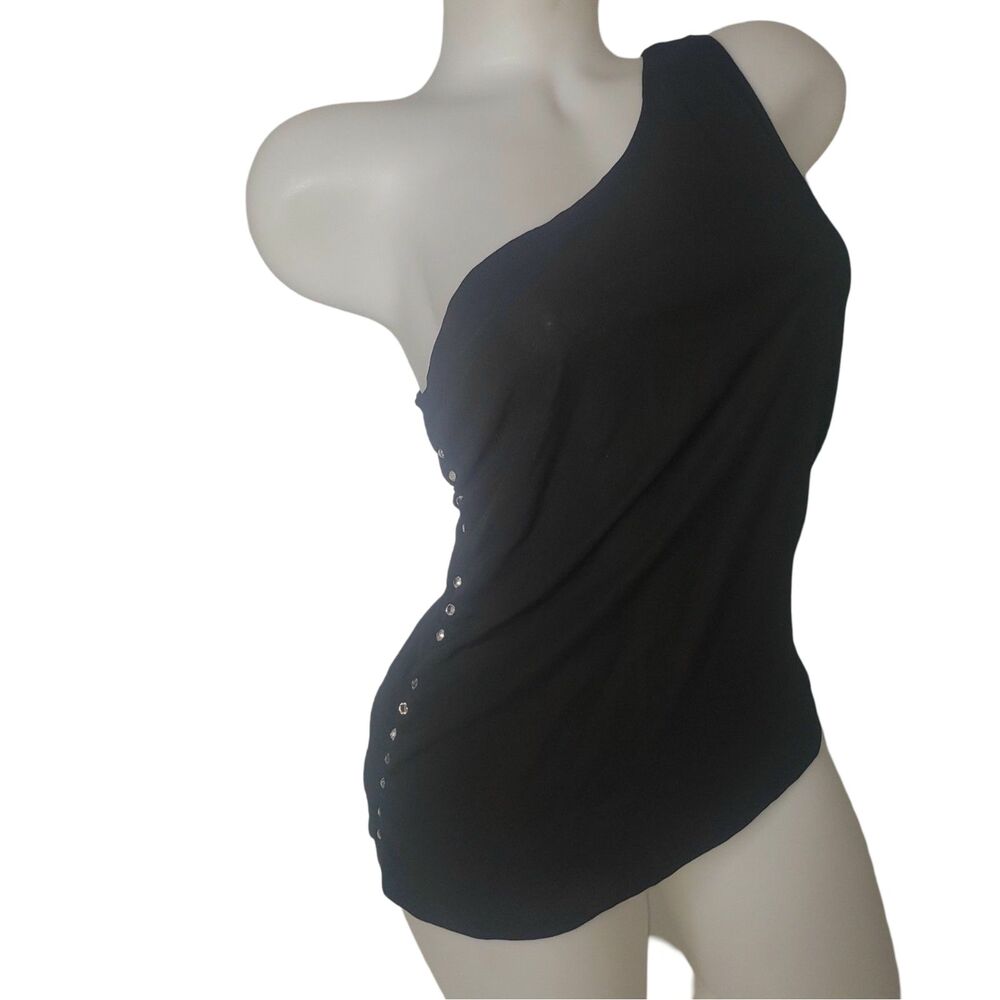 MODA INTERNATIONAL Black One Shoulder Rhinestone Studded Tank Top Womens Size L